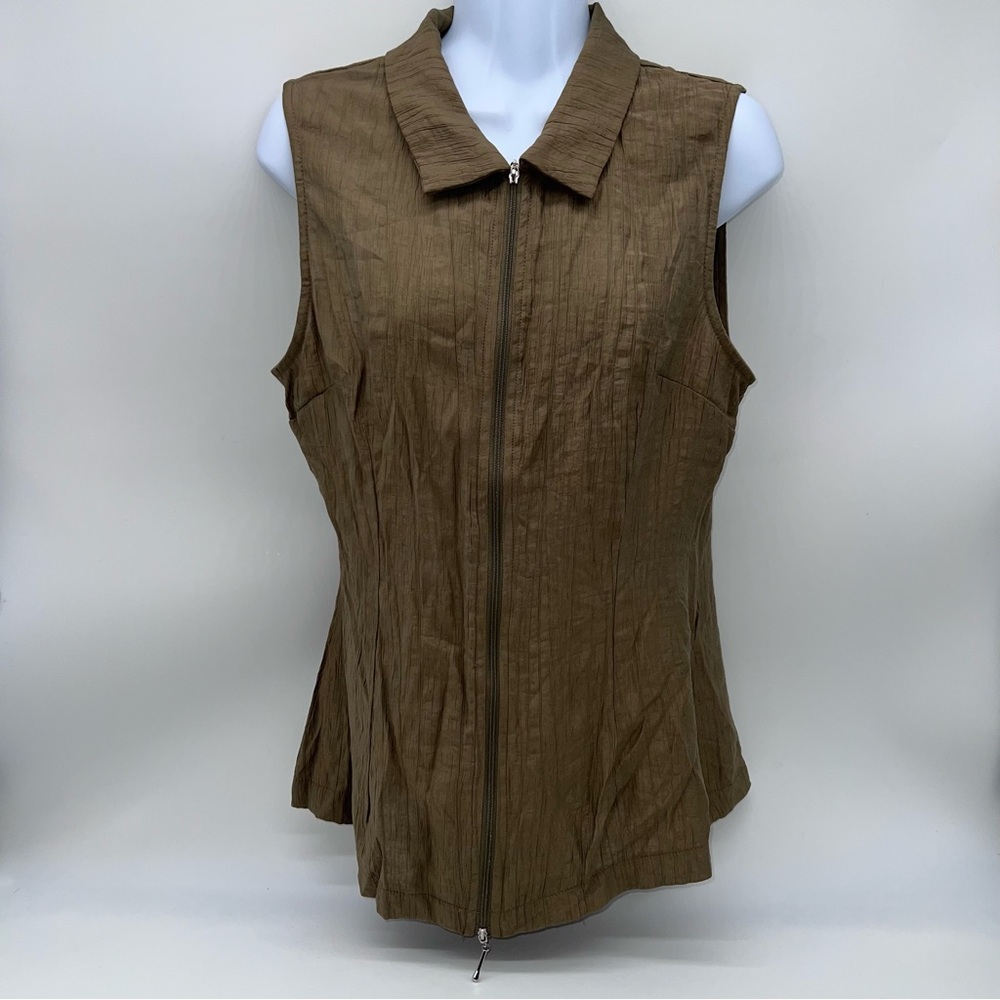 PrettyLittleThing Khaki Textured Woven Zip-Up Sleeveless Shirt/Vest-Size 8